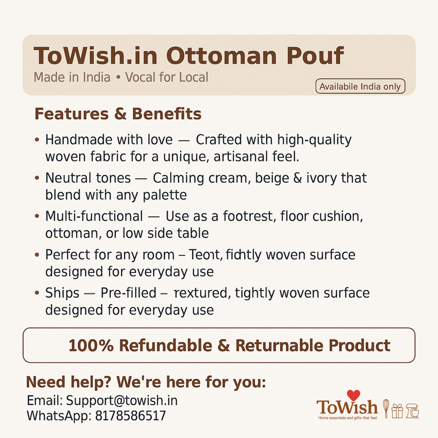 Warli Ottoman Stool - Printed (Height-16" Inch x Diameter-16" Inch), Premium Quality