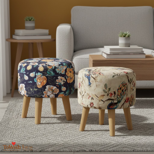 Warli Ottoman Stool - Set of 2 (Height-16" Inch x Diameter-16" Inch), Premium Quality