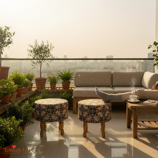 Warli Ottoman Stool - Printed (Height-16" Inch x Diameter-16" Inch), Premium Quality