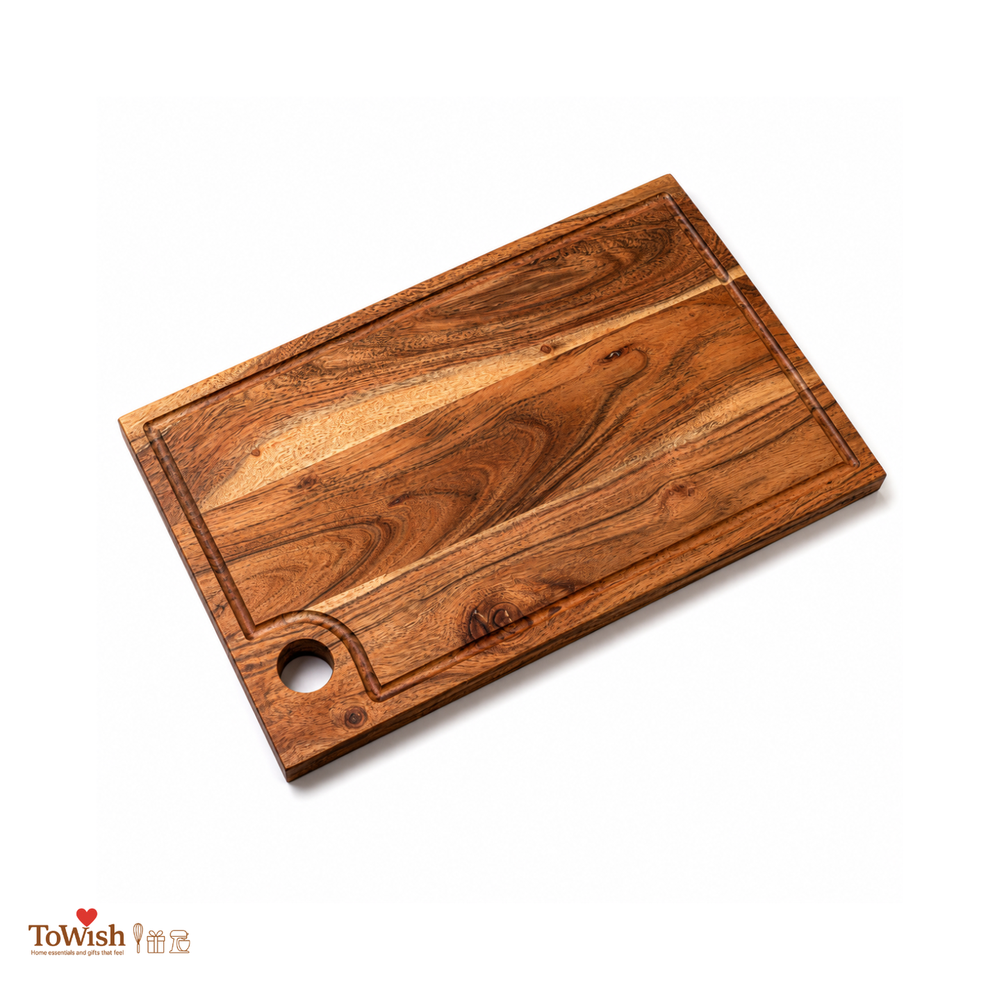 Acacia Wood Chopping Board with Juice Groove & Thumb Hole | Bold Natural Grain Cutting & Serving Board | 16 × 9 Inch