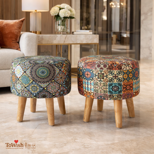 Warli Ottoman Stool - Set of 2 (Height-16" Inch x Diameter-16" Inch), Premium Quality