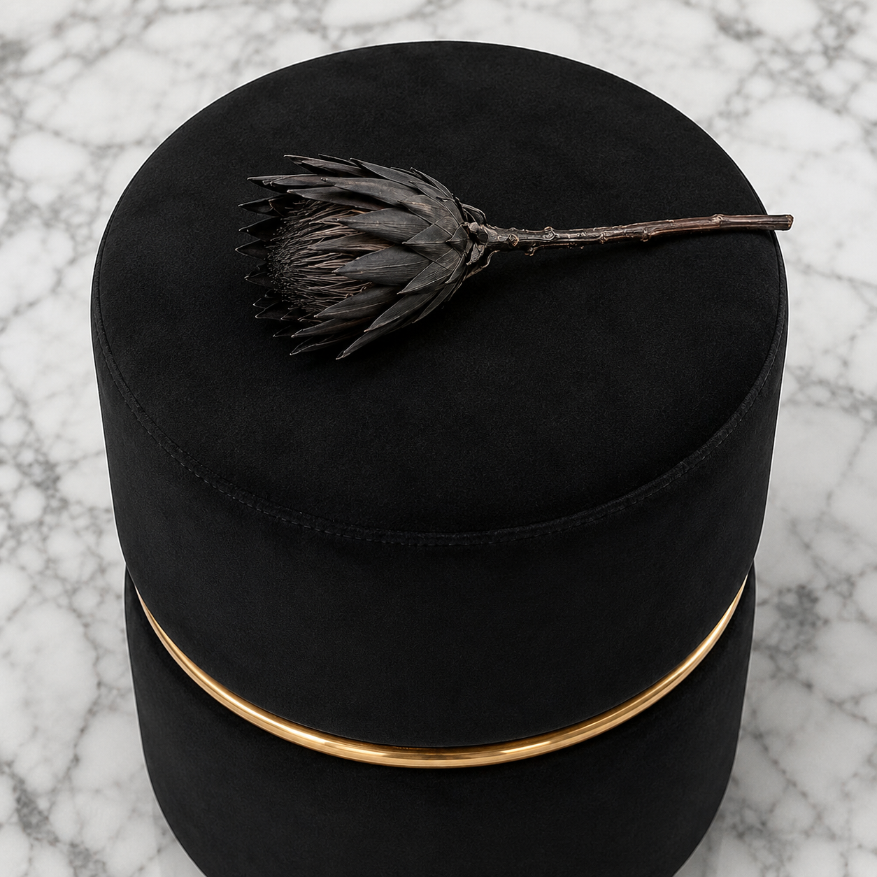 ToWish Black Velvet Round Ottoman with Gold Ring Accent | Classic Cozy Corner Ottoman Stool