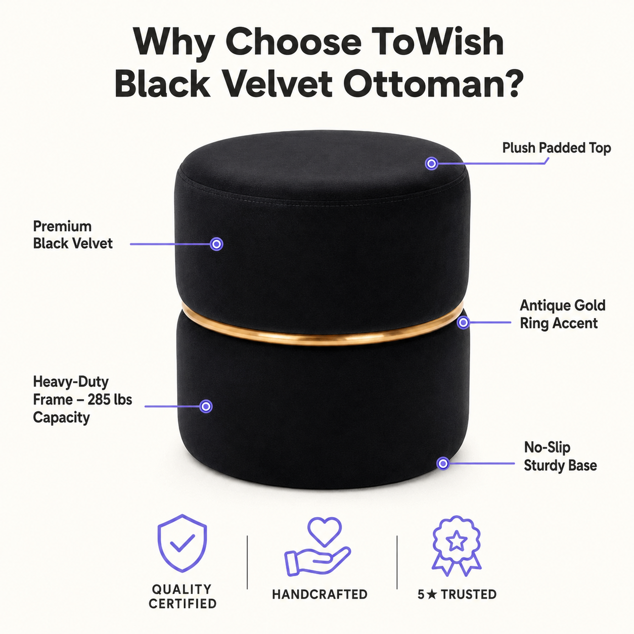 Black Velvet Round Ottoman with Gold Ring Accent | Modern Premium Luxury Pouf