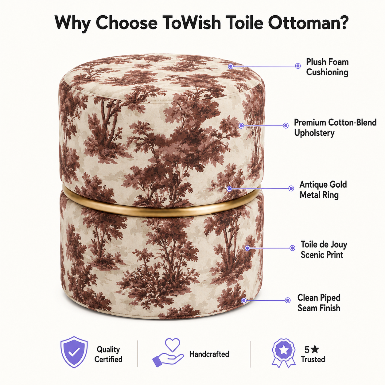 Toile de Jouy Round Ottoman Pouf with Gold Ring | Modern Premium Luxury Pouf