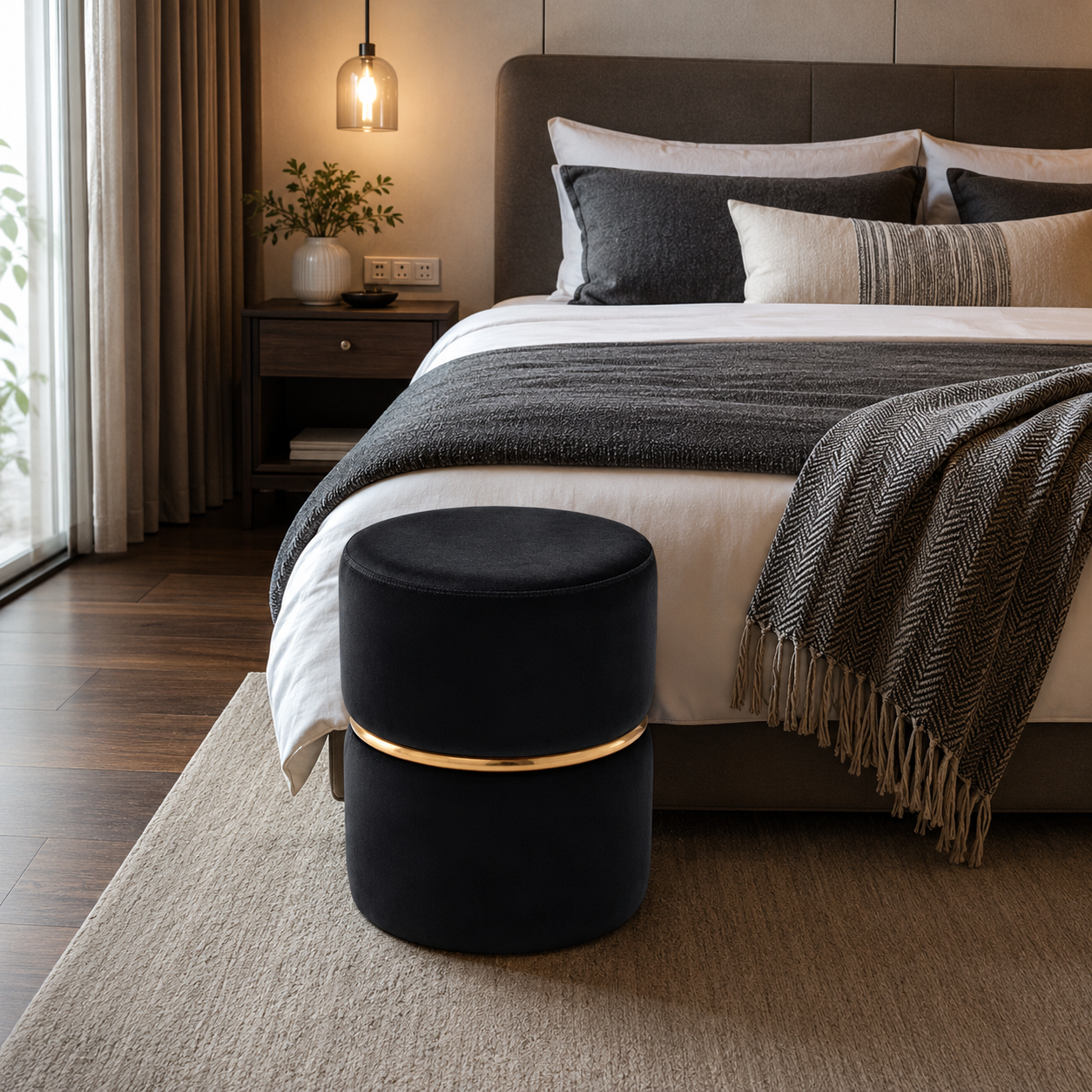 Black Velvet Round Ottoman with Gold Ring Accent | Modern Premium Luxury Pouf