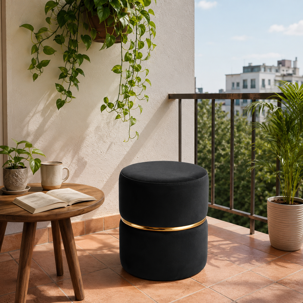 ToWish Black Velvet Round Ottoman with Gold Ring Accent | Classic Cozy Corner Ottoman Stool