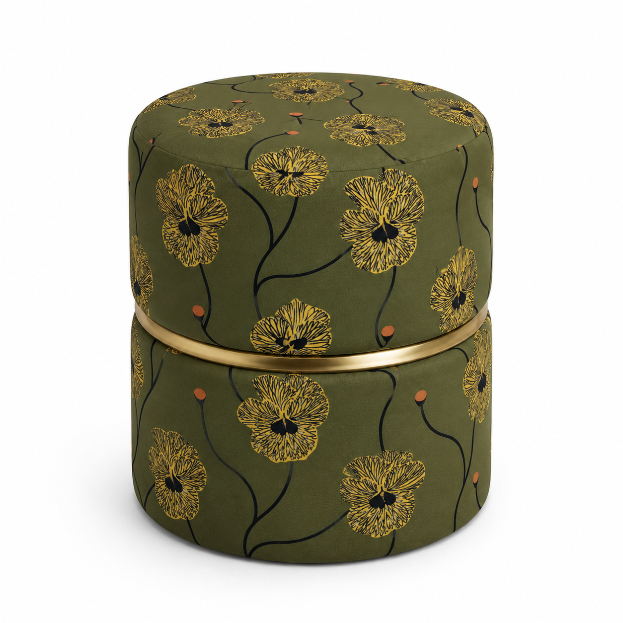 Olive Green Floral Pansy Round Ottoman Pouf with Gold Ring | Modern Premium Luxury Pouf