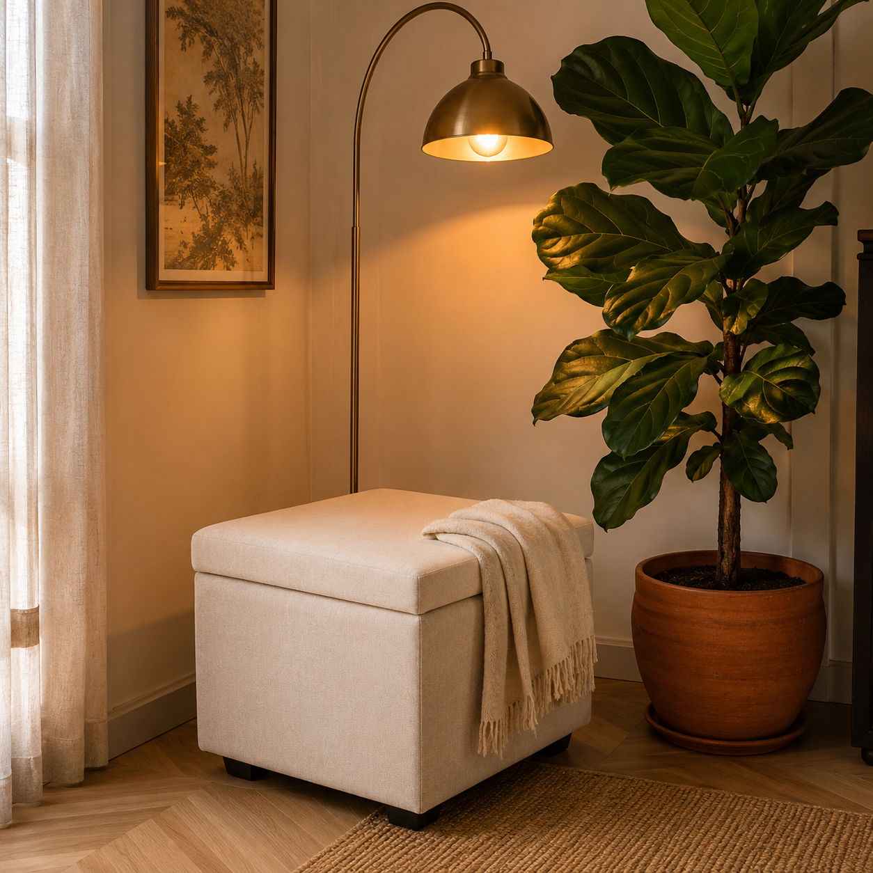 Cube Storage Ottoman | Beige Linen Fabric Footrest Pouf with Hidden Storage | Modern Premium Luxury Pouf