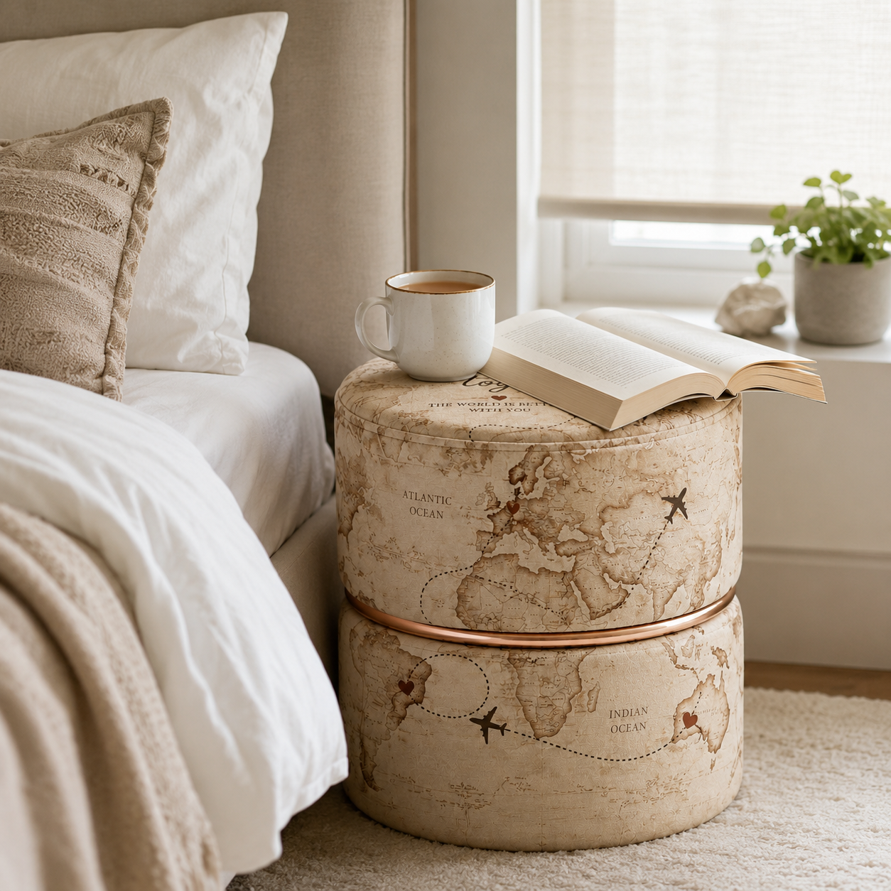 Explore Together World Map Stacked Round Ottoman Set – Premium Vintage Travel Couple Gift Pouf with Gold Ring