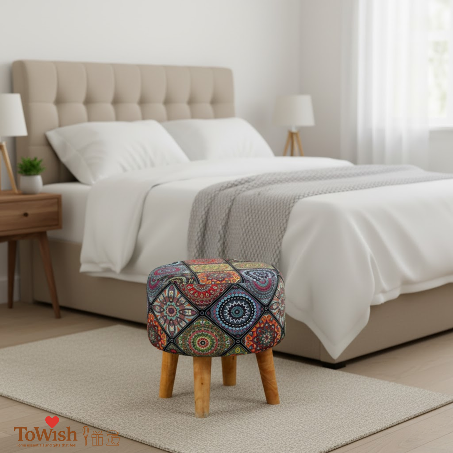 Warli Ottoman Stool - Printed (Height-17" Inch x Diameter-16" Inch), Premium Quality