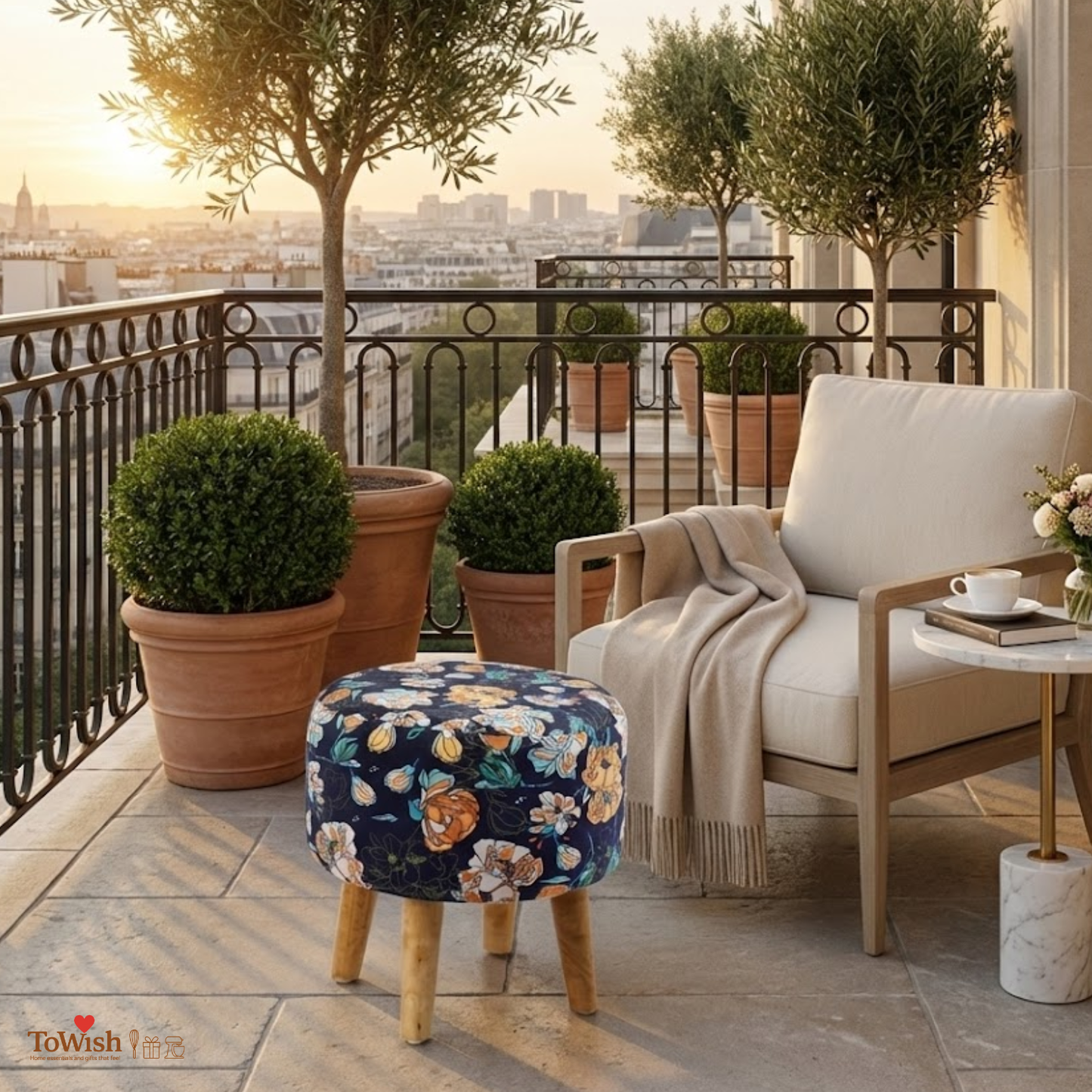 Warli Ottoman Stool - Printed (Height-16" Inch x Diameter-16" Inch), Premium Quality