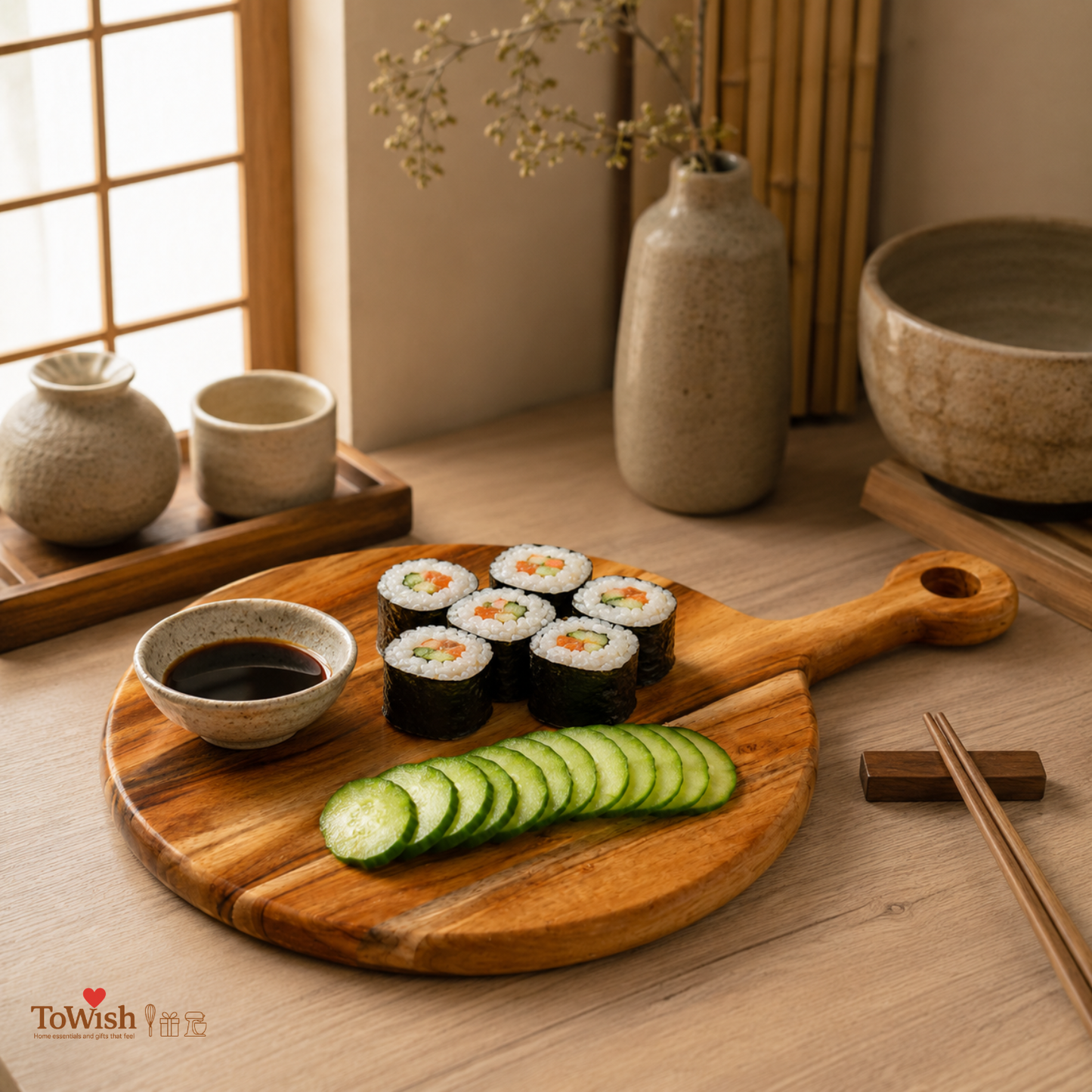 Premium Round Acacia Wood Chopping Board with Handle