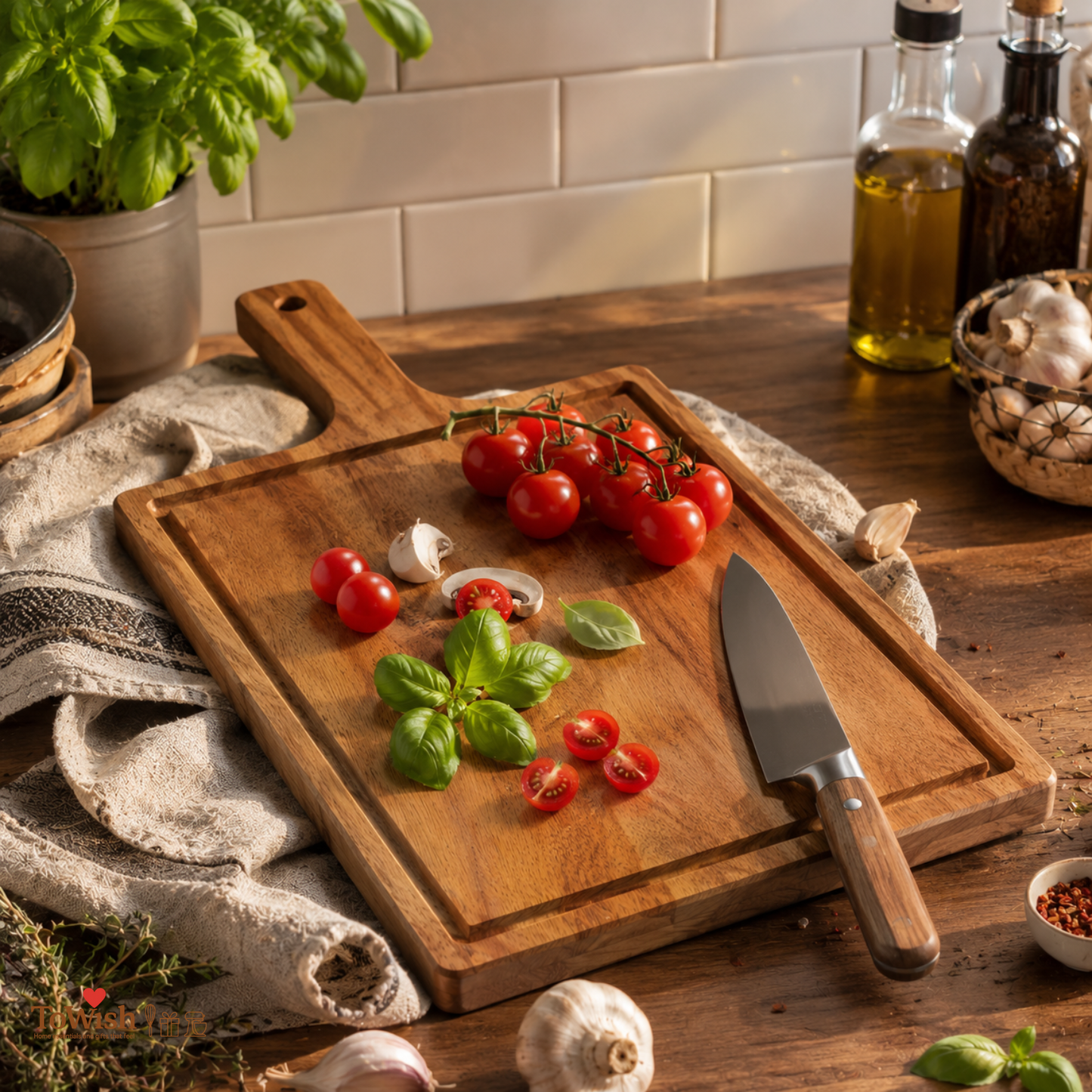 Acacia Wood Chopping Board with Handle & Juice Groove | Natural Grain Cutting & Serving Board | 16.5 × 7.8 Inch