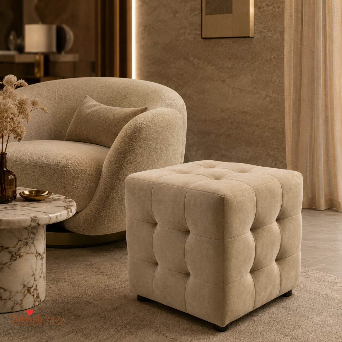 Sand Luxe Ottoman Stool - Premium Imported Holland Fabric