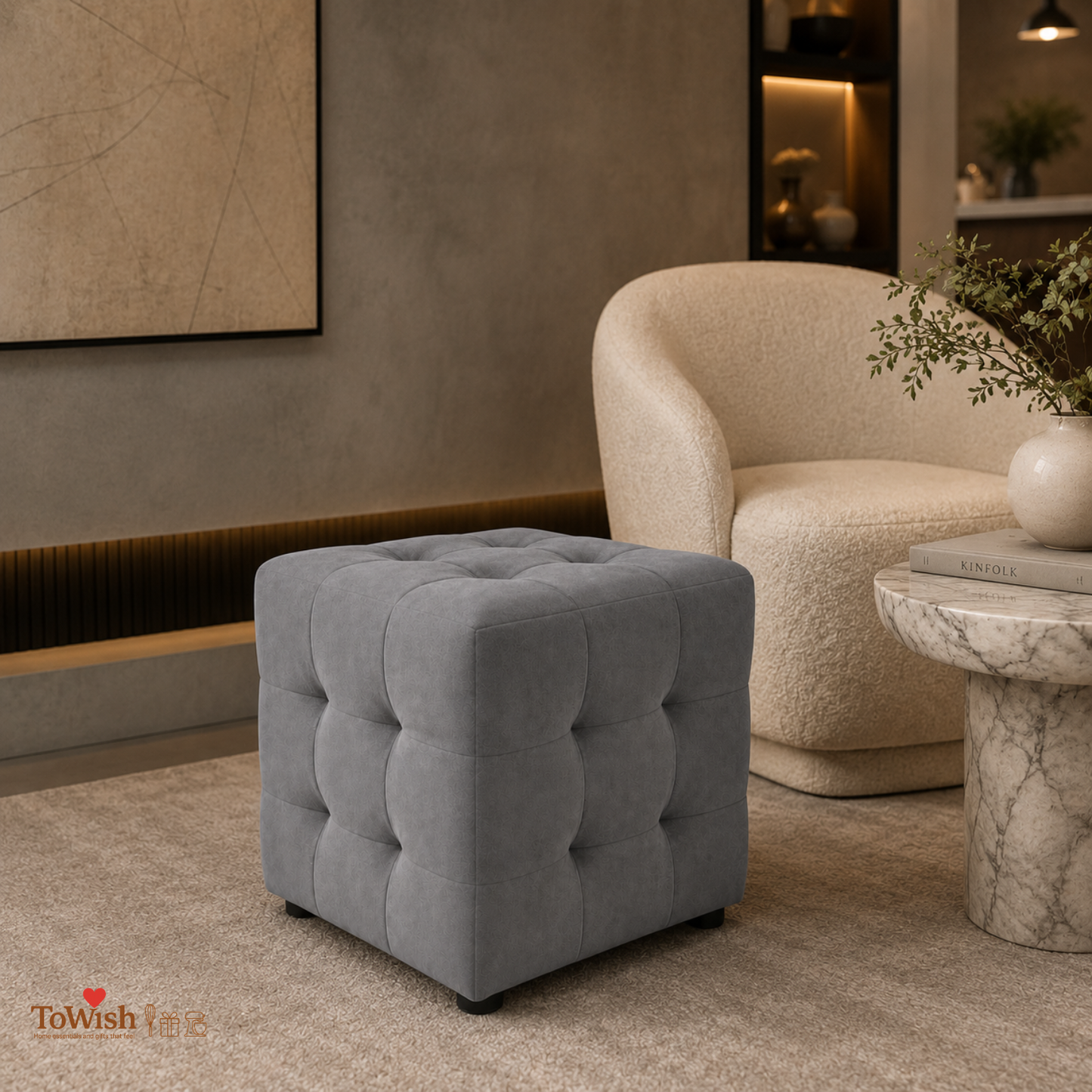 Charcoal Luxe Ottoman Stool - Premium Imported Holland Fabric