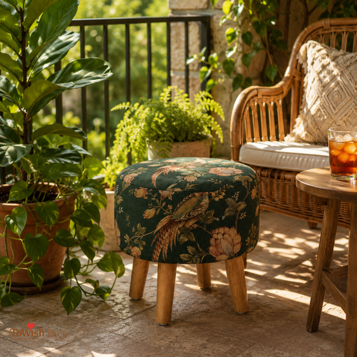 Emerald Plume Ottoman — Limited Edition Handcrafted with Premium Print