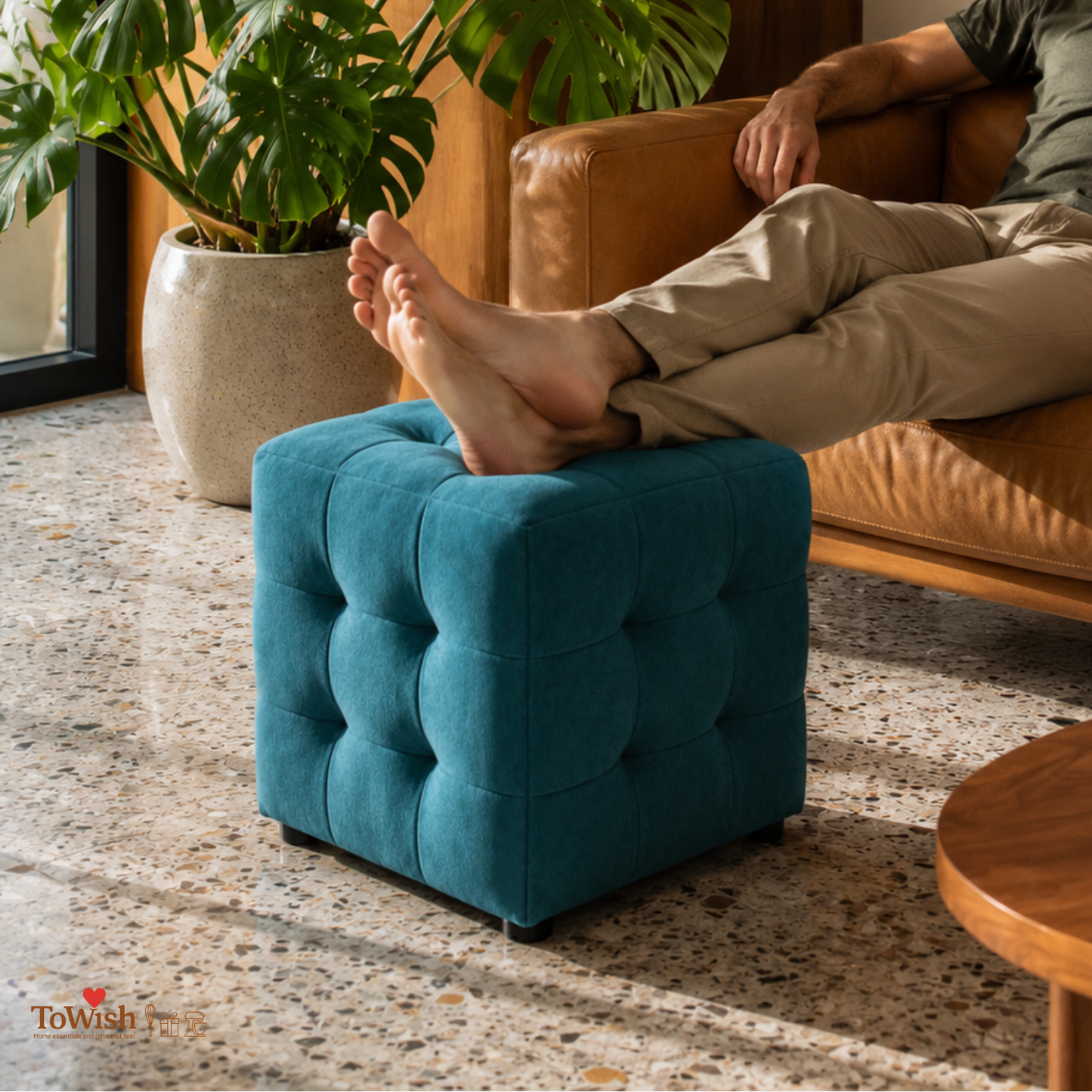 Beige Luxe Pouffe Ottoman Stool - Premium Imported Holland Fabric