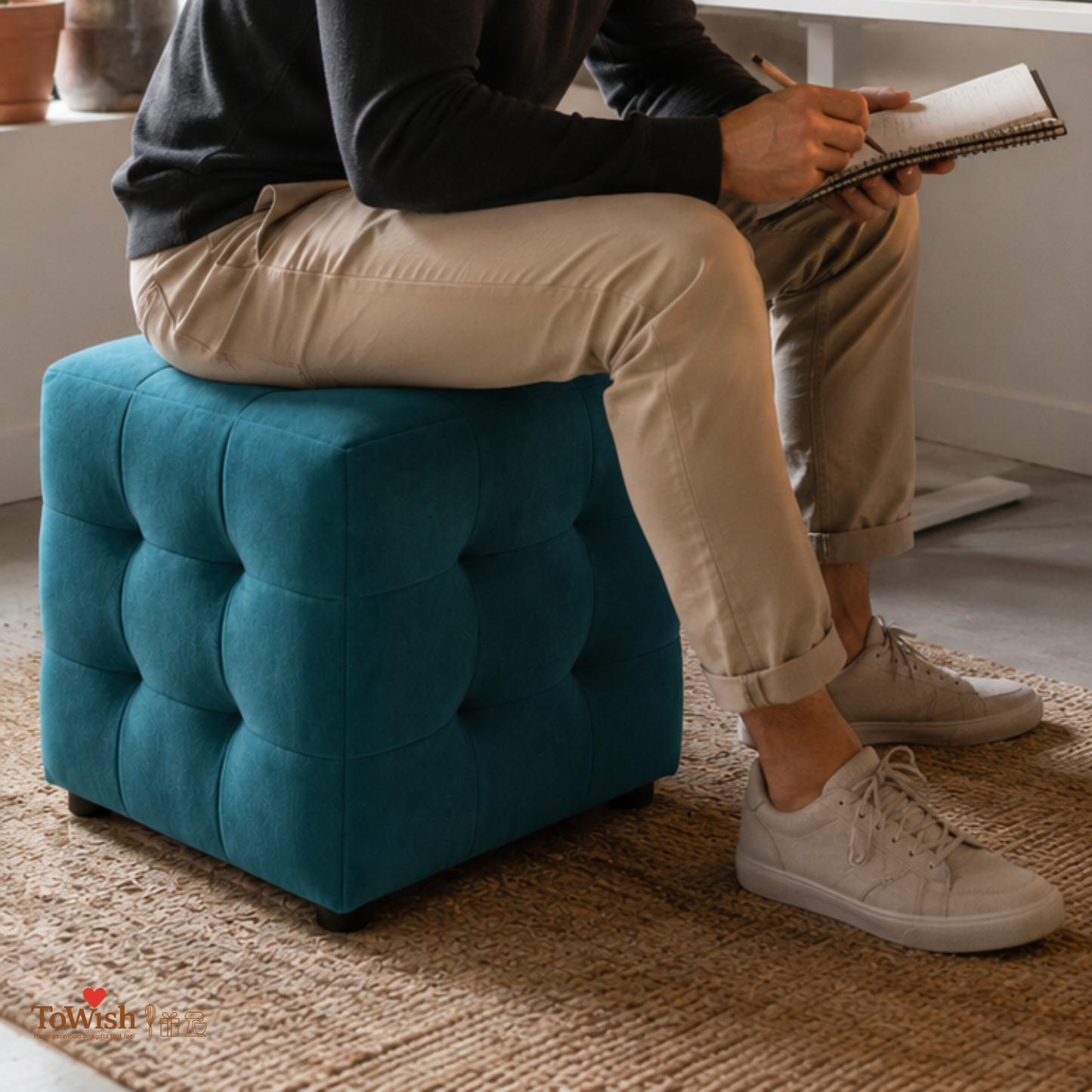 Beige Luxe Pouffe Ottoman Stool - Premium Imported Holland Fabric