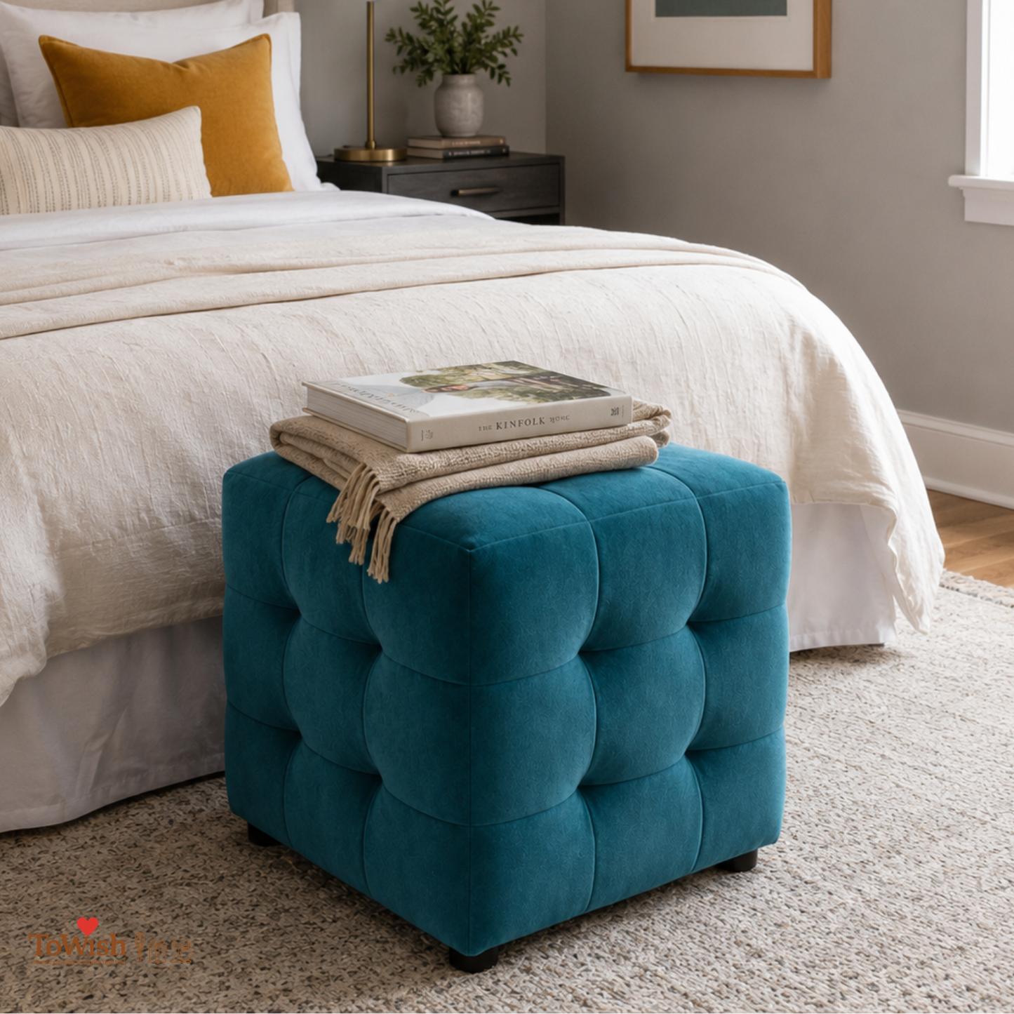 Beige Luxe Pouffe Ottoman Stool - Premium Imported Holland Fabric