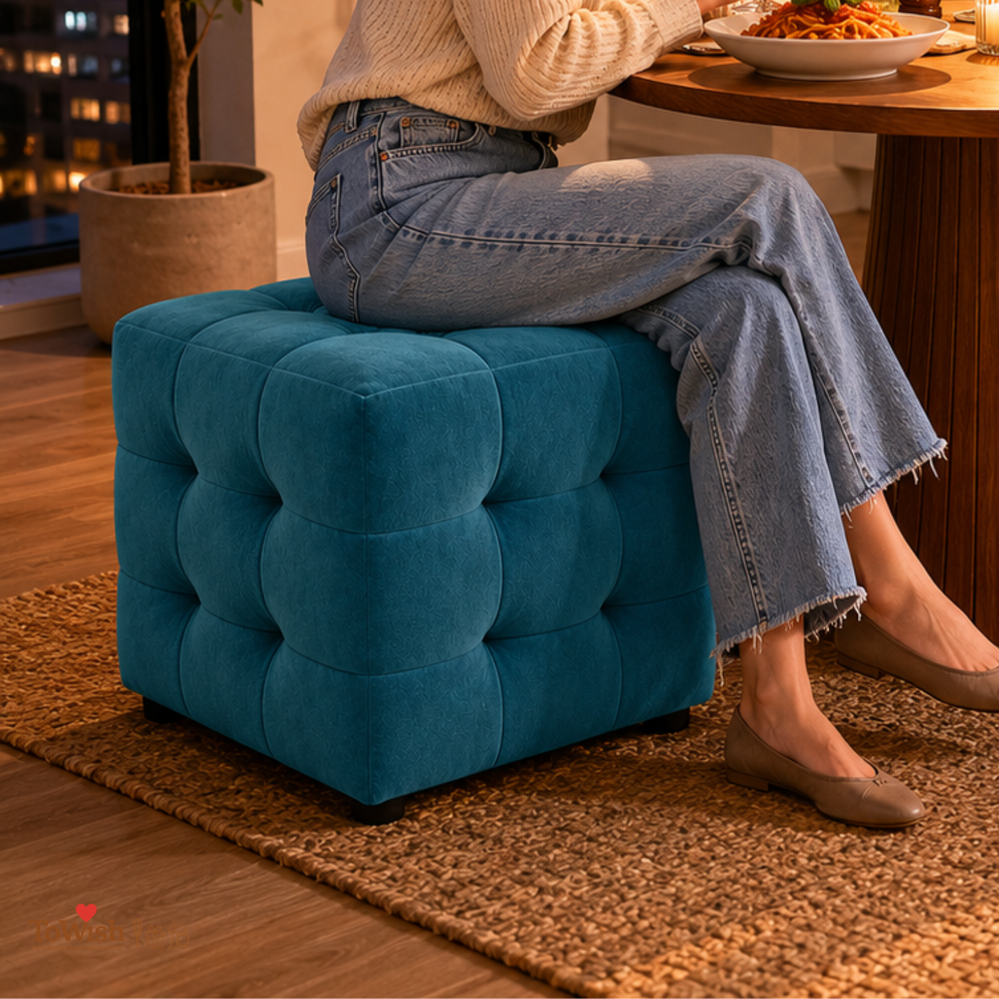 Beige Luxe Pouffe Ottoman Stool - Premium Imported Holland Fabric