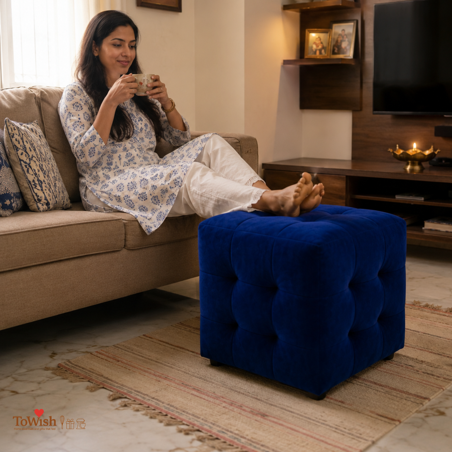 Azure Luxe Pouffe - Premium Imported Holland Fabric