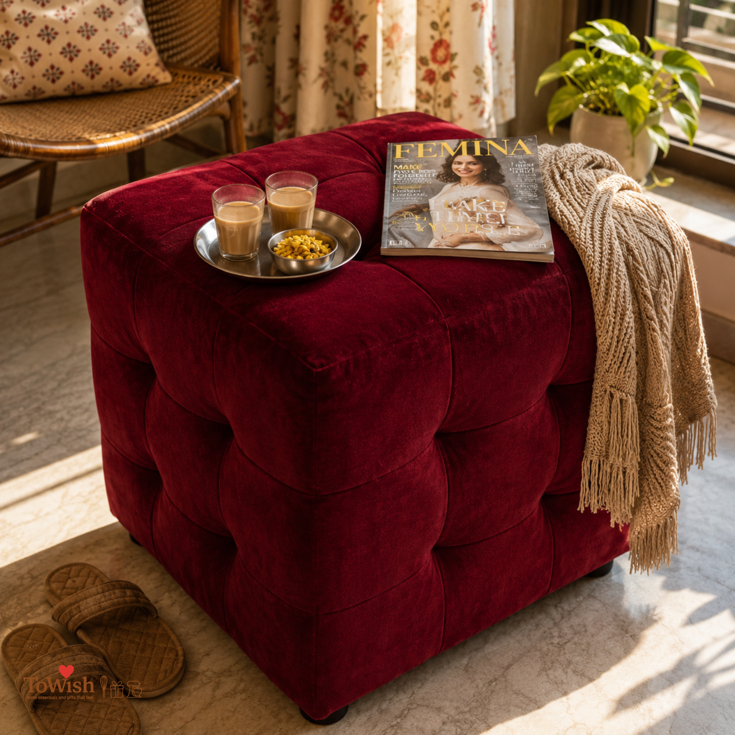 Ruby Luxe Ottoman Stool - Premium Imported Holland Fabric