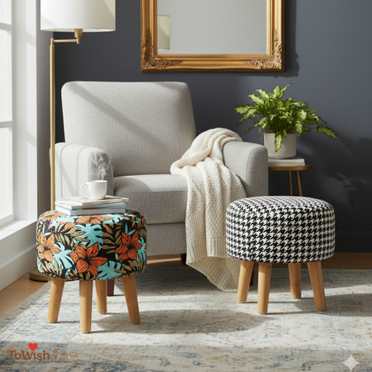 Warli Ottoman Stool - Set of 2 (Height-16" Inch x Diameter-16" Inch), Premium Quality