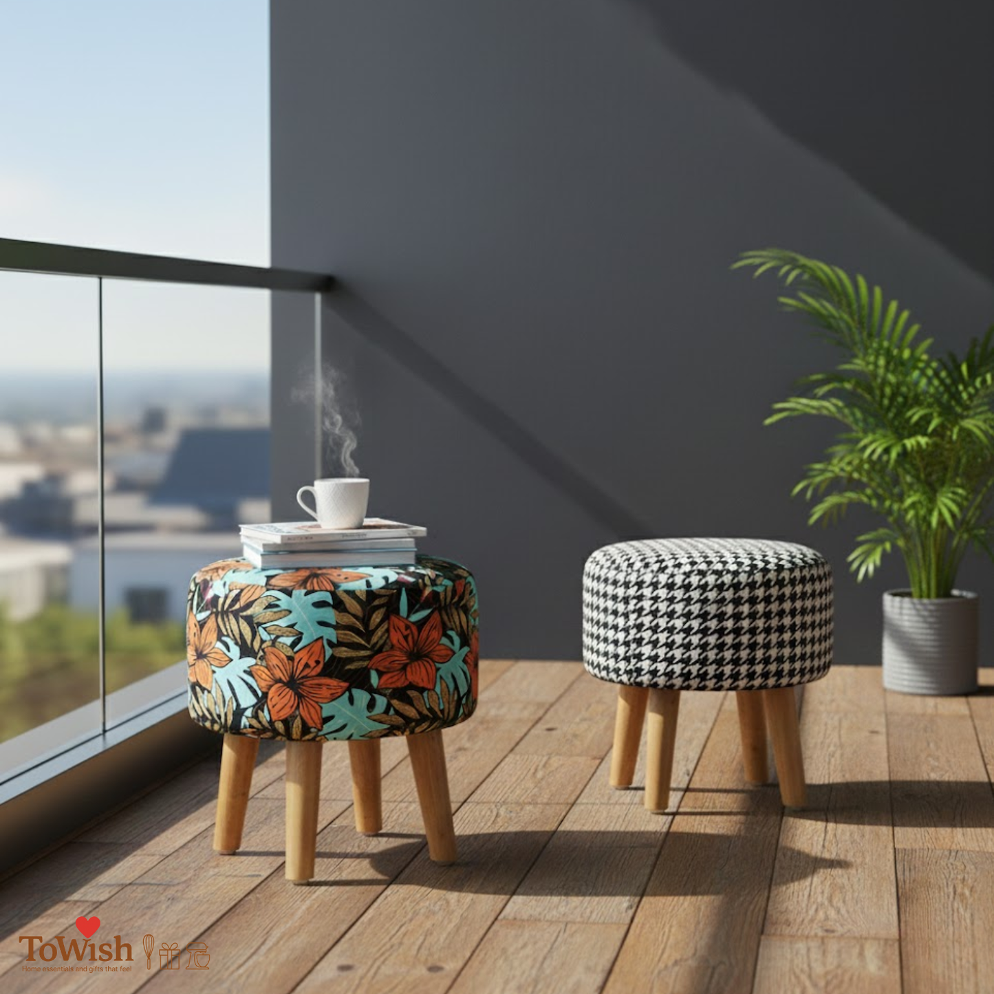 Warli Ottoman Stool - Set of 2 (Height-16" Inch x Diameter-16" Inch), Premium Quality