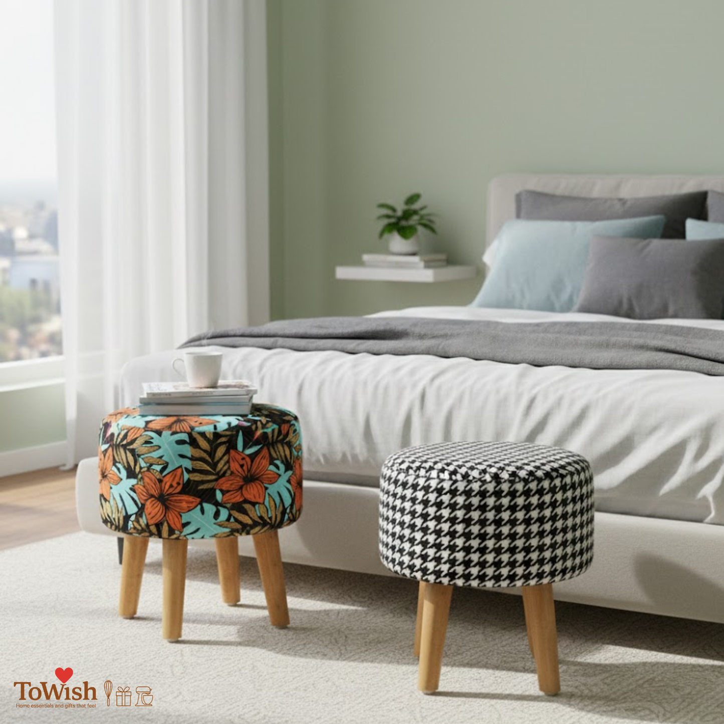 Warli Ottoman Stool - Set of 2 (Height-16" Inch x Diameter-16" Inch), Premium Quality