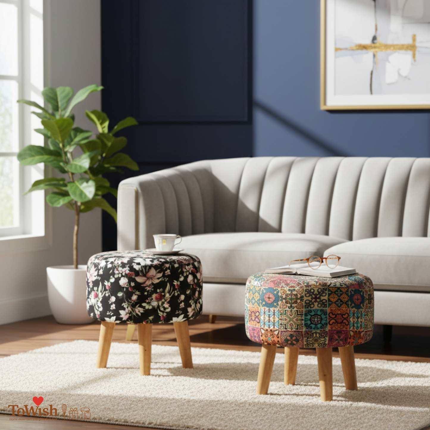 Warli Ottoman Stool - Set of 2 (Height-16" Inch x Diameter-16" Inch), Premium Quality