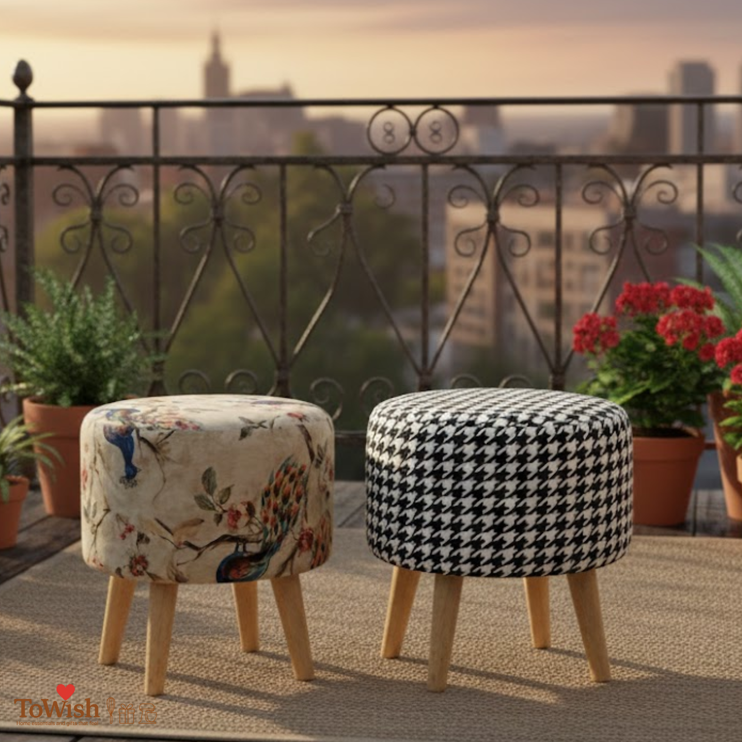 Warli Ottoman Stool - Set of 2 (Height-16" Inch x Diameter-16" Inch), Premium Quality
