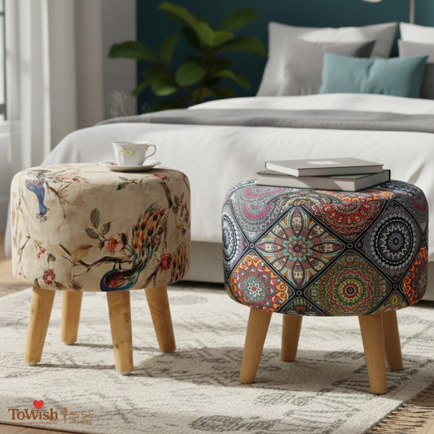 Warli Ottoman Stool - Set of 2 (Height-16" Inch x Diameter-16" Inch), Premium Quality