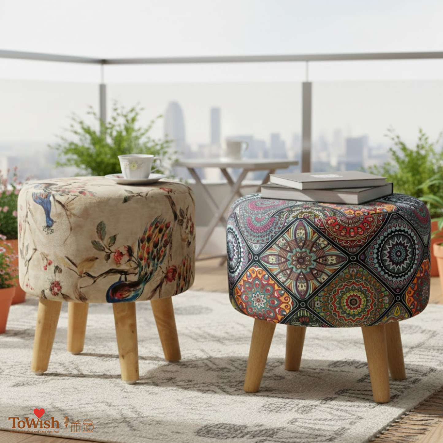 Warli Ottoman Stool - Set of 2 (Height-16" Inch x Diameter-16" Inch), Premium Quality