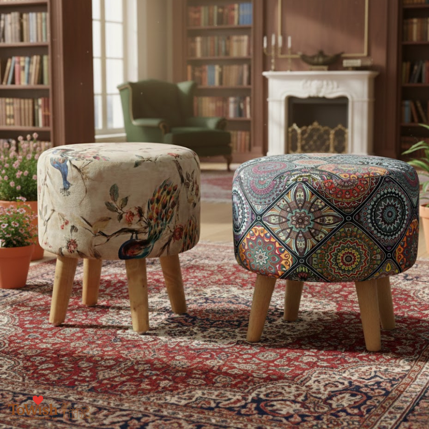 Warli Ottoman Stool - Set of 2 (Height-16" Inch x Diameter-16" Inch), Premium Quality