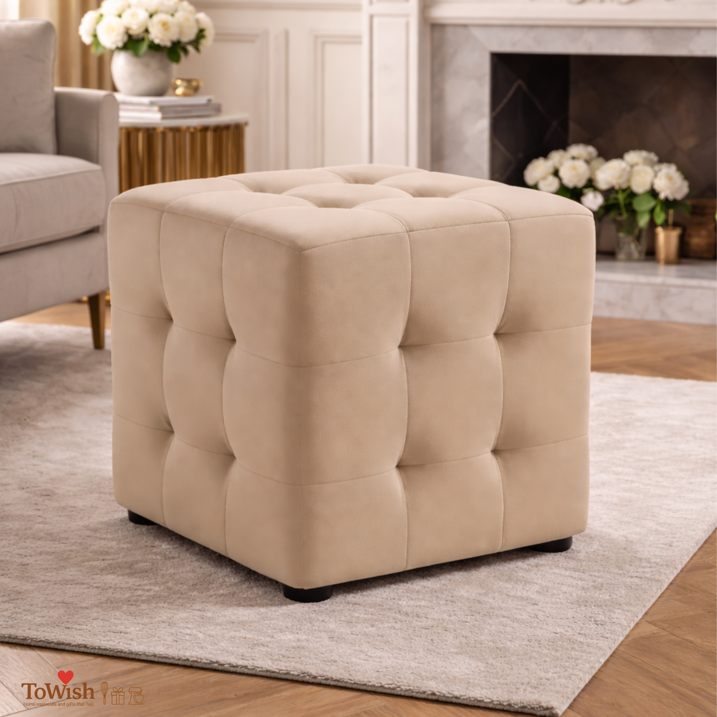 Ottoman Stool for Living Room,Cushioned Square Pouffe (16L, 16W, 16H inches) - Premium Quality