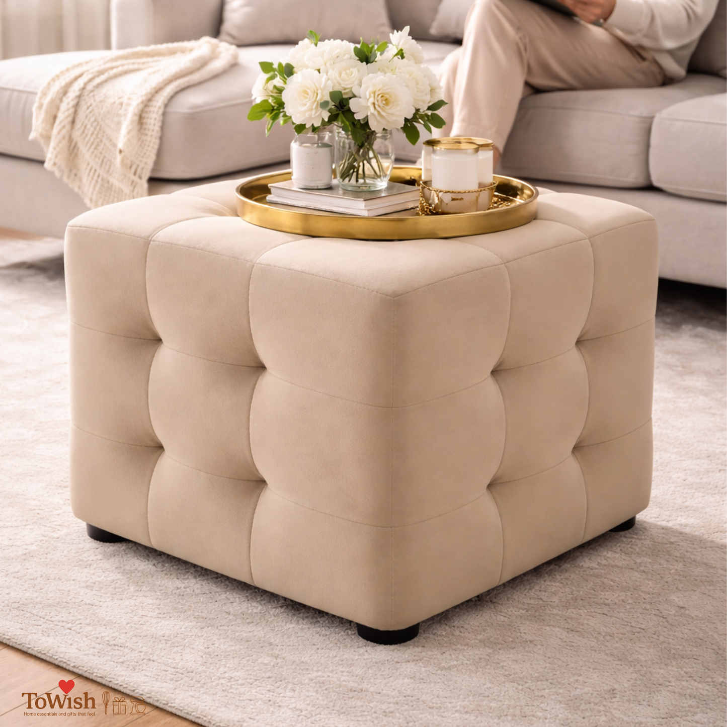 Ottoman Stool for Living Room,Cushioned Square Pouffe (16L, 16W, 16H inches) - Premium Quality