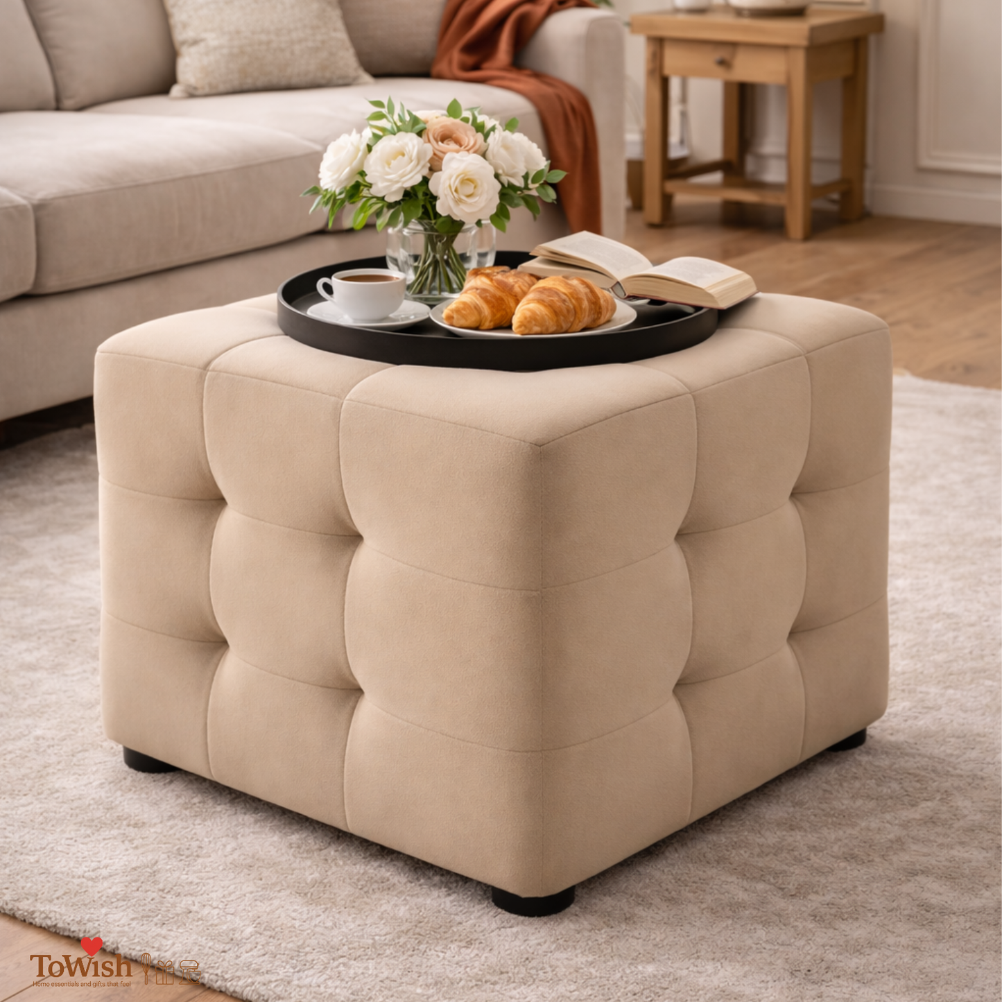 Ottoman Stool for Living Room,Cushioned Square Pouffe (16L, 16W, 16H inches) - Premium Quality