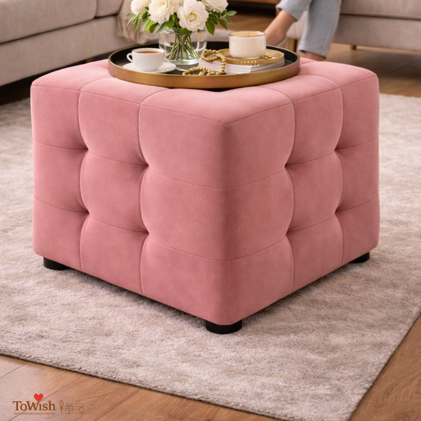 Ottoman Stool for Living Room,Cushioned Square Pouffe (16L, 16W, 16H inches) - Premium Quality