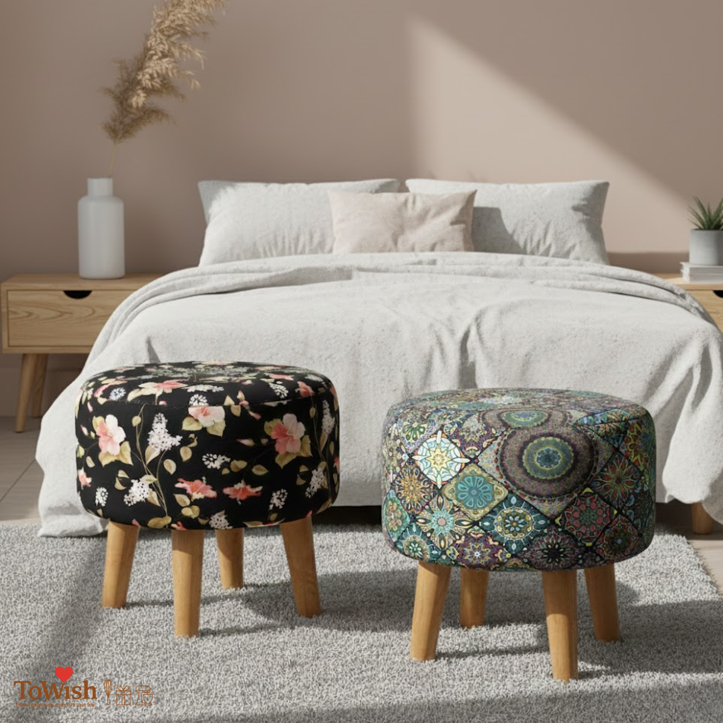 Warli Ottoman Stool - Set of 2 (Height-16" Inch x Diameter-16" Inch), Premium Quality