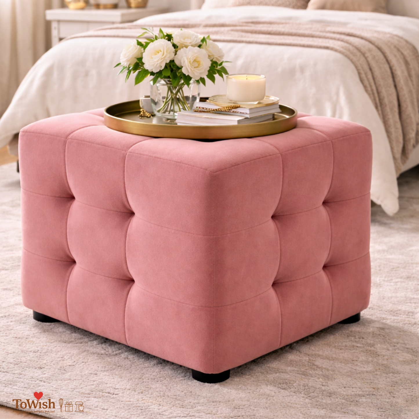 Ottoman Stool for Living Room,Cushioned Square Pouffe (16L, 16W, 16H inches) - Premium Quality