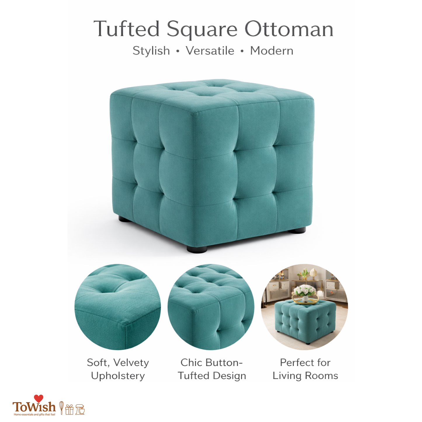 Ottoman Stool for Living Room,Cushioned Square Pouffe (16L, 16W, 16H inches) - Premium Quality