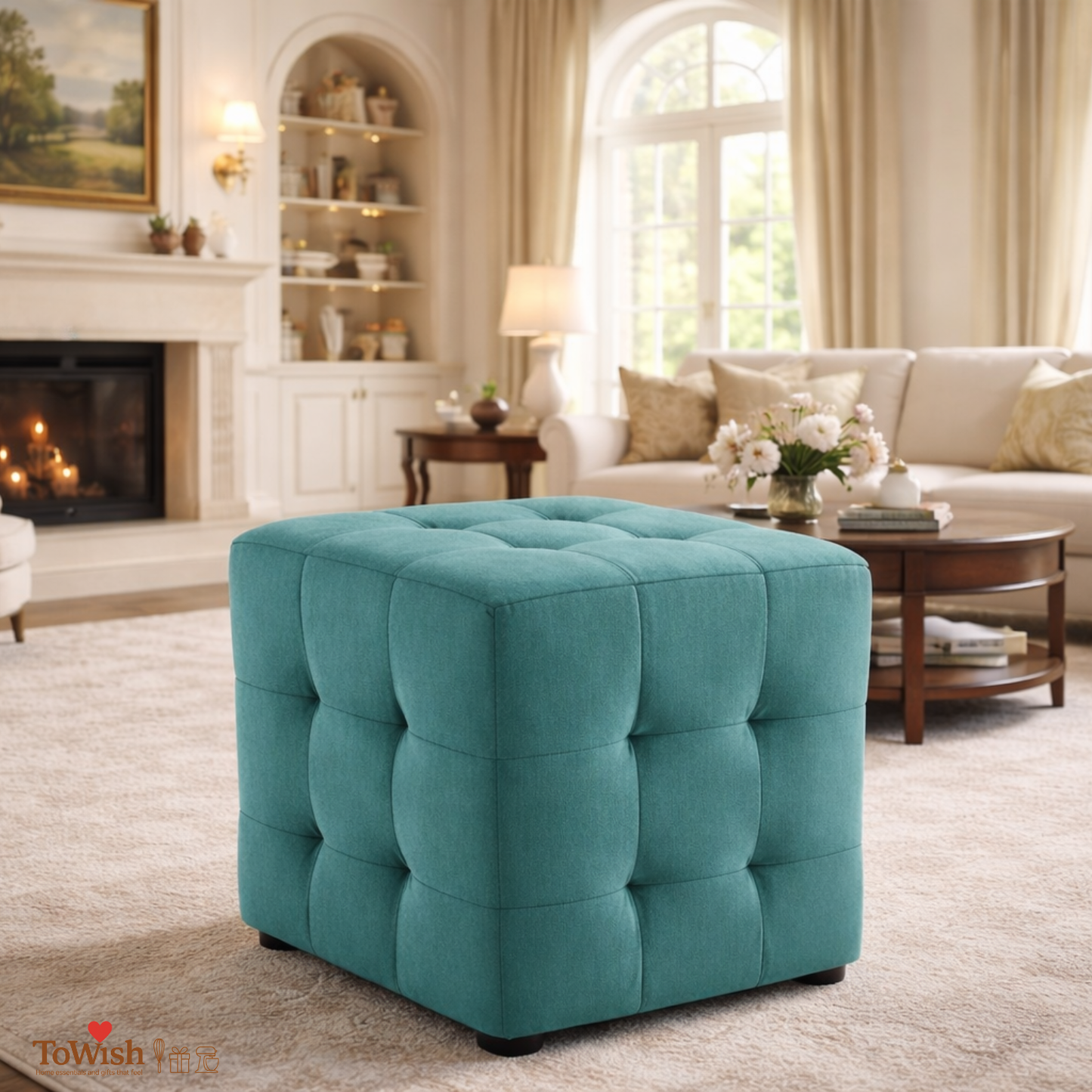 Ottoman Stool for Living Room,Cushioned Square Pouffe (16L, 16W, 16H inches) - Premium Quality
