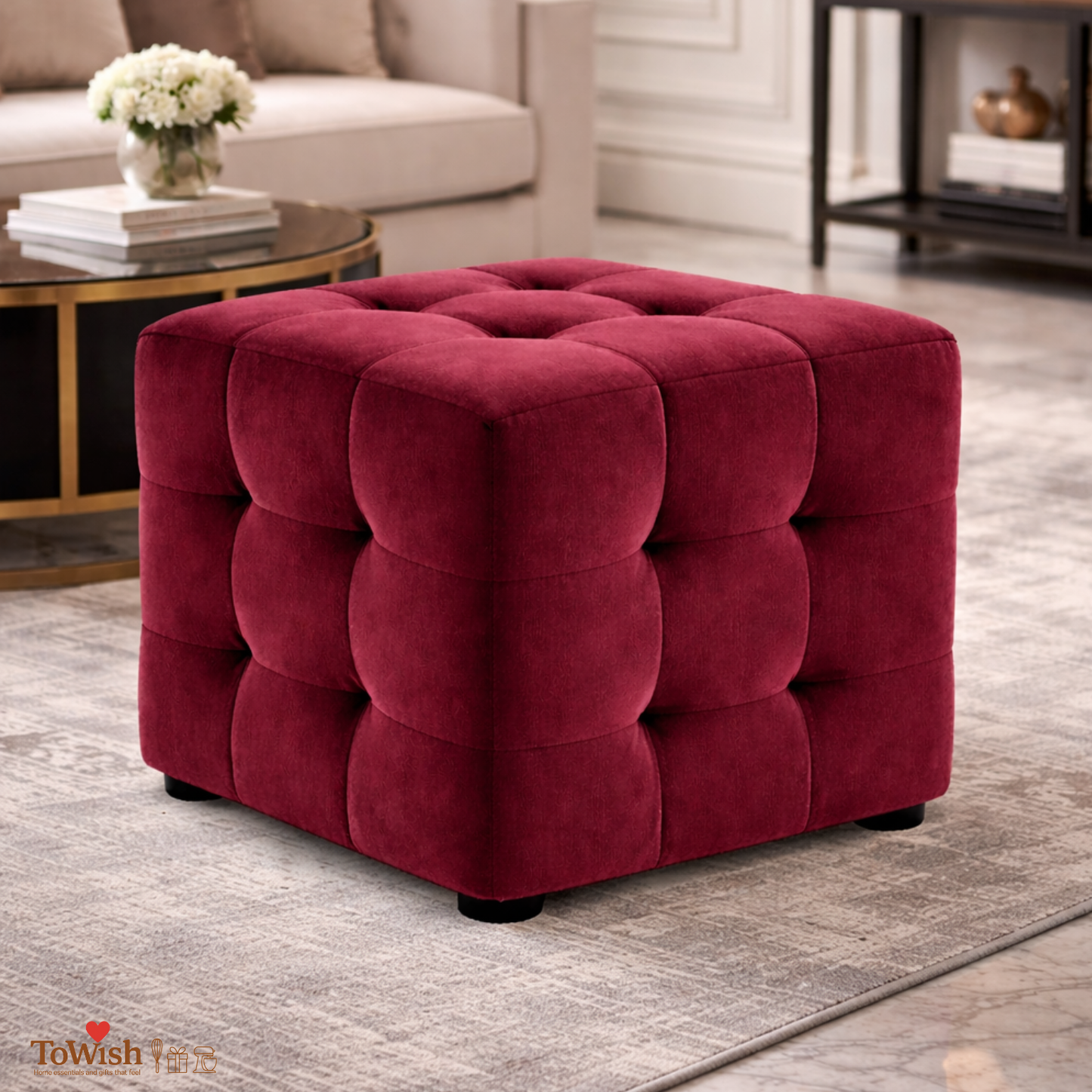 Ottoman Stool for Living Room,Cushioned Square Pouffe (16L, 16W, 16H inches) - Premium Quality
