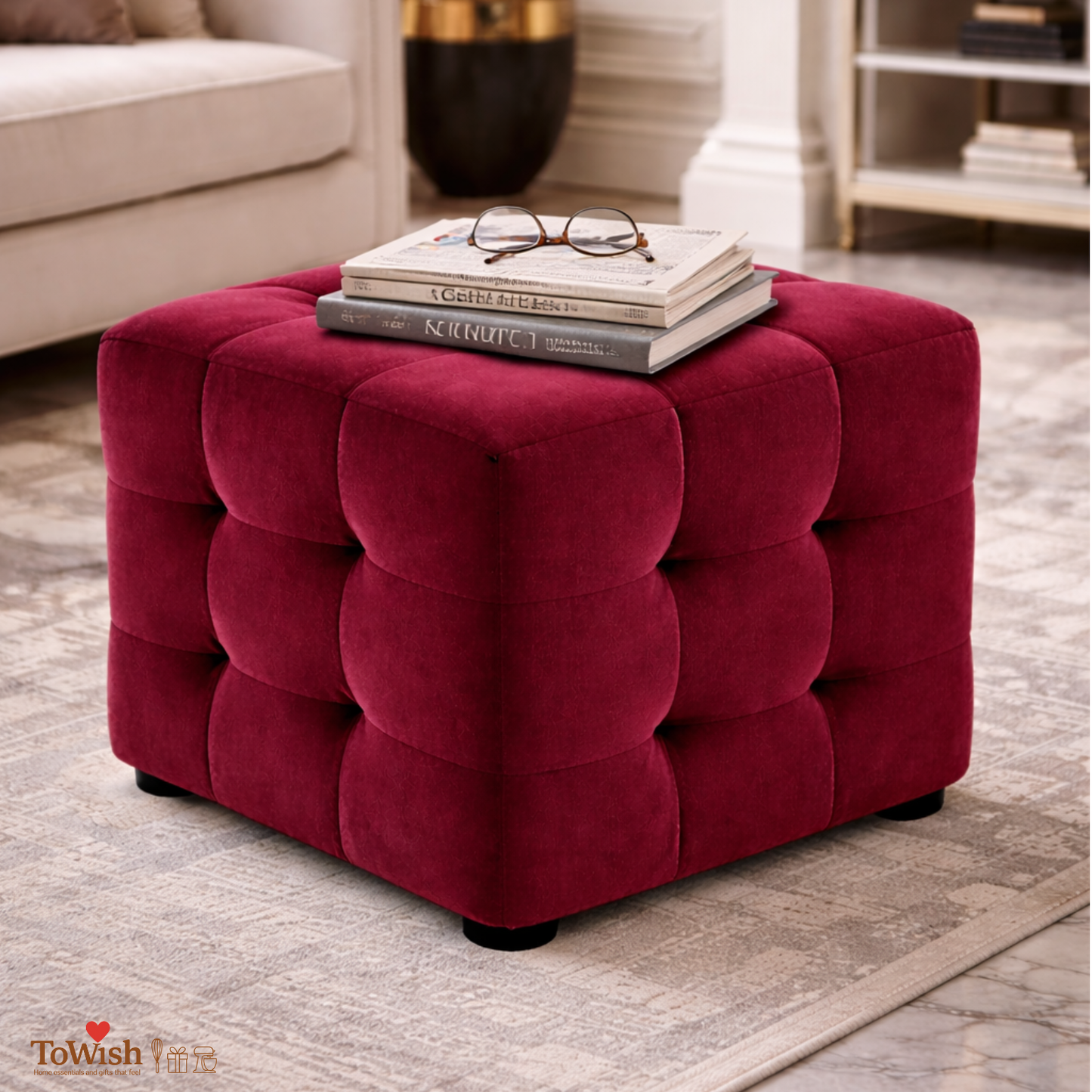 Ottoman Stool for Living Room,Cushioned Square Pouffe (16L, 16W, 16H inches) - Premium Quality