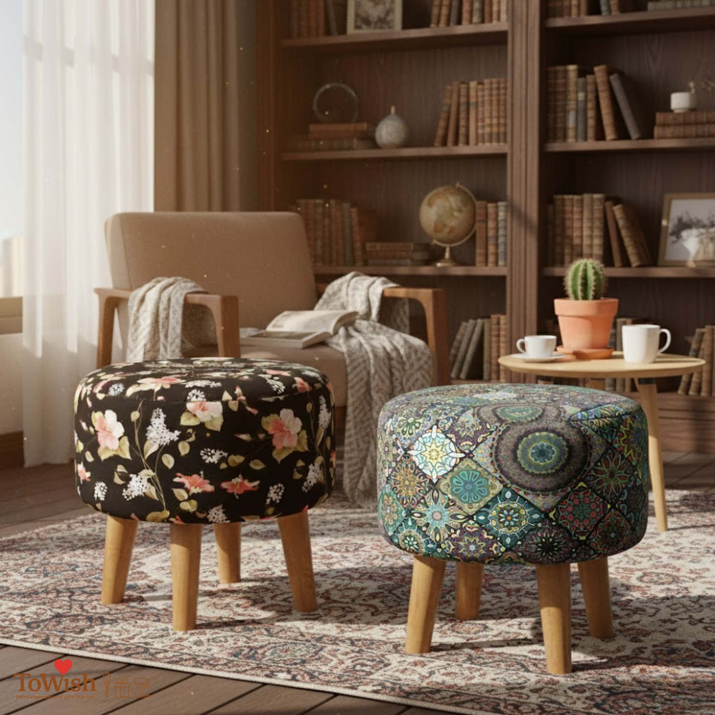 Warli Ottoman Stool - Set of 2 (Height-16" Inch x Diameter-16" Inch), Premium Quality