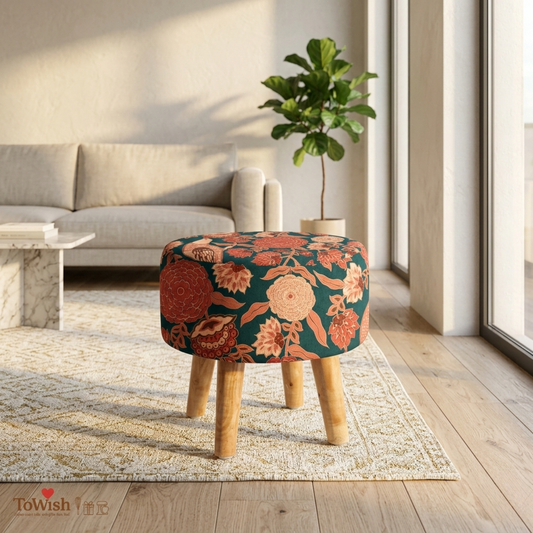 Limited Edition Designer Ottoman – Handcrafted with Premium Print (17” Height × 16” Diameter)