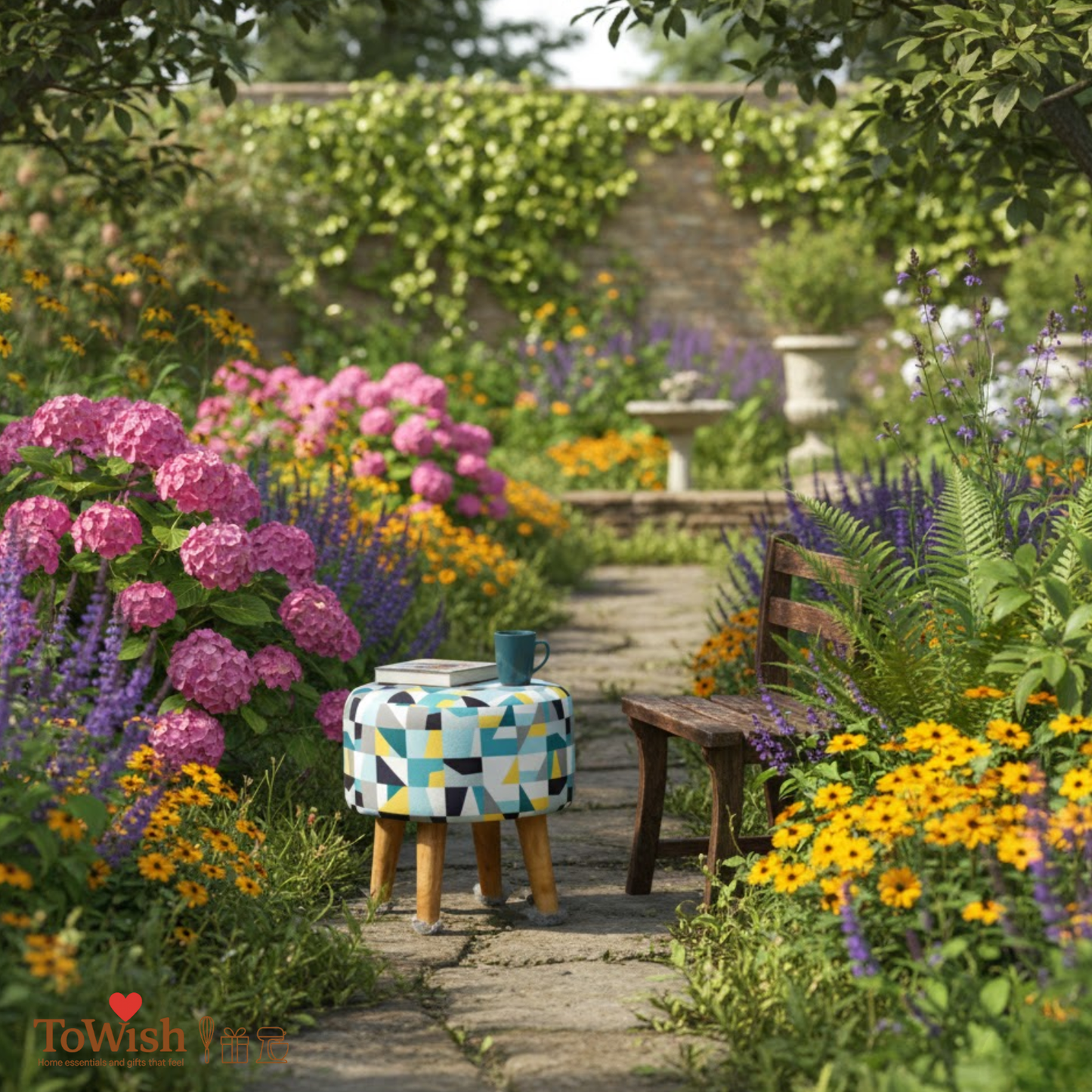 Warli Ottoman Stool - Printed (Height-16" Inch x Diameter-16" Inch), Premium Quality