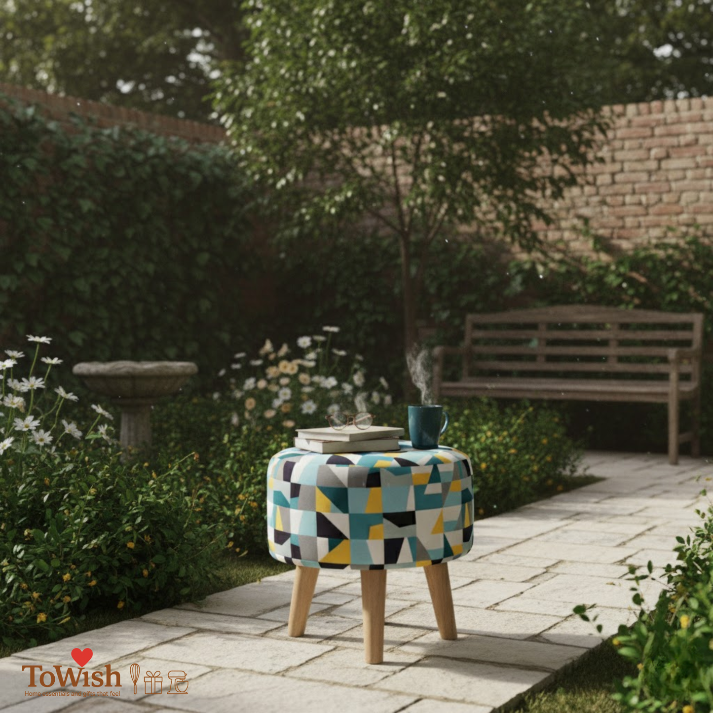 Warli Ottoman Stool - Printed (Height-16" Inch x Diameter-16" Inch), Premium Quality