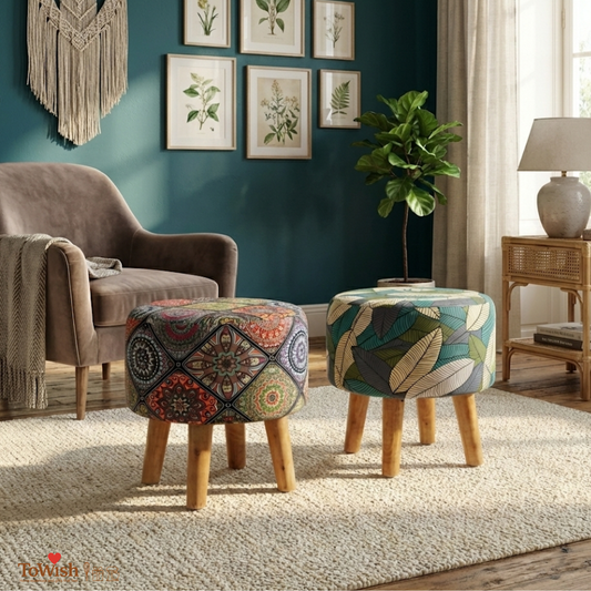 Warli Ottoman Stool - Set of 2 (Height-16" Inch x Diameter-16" Inch), Premium Quality