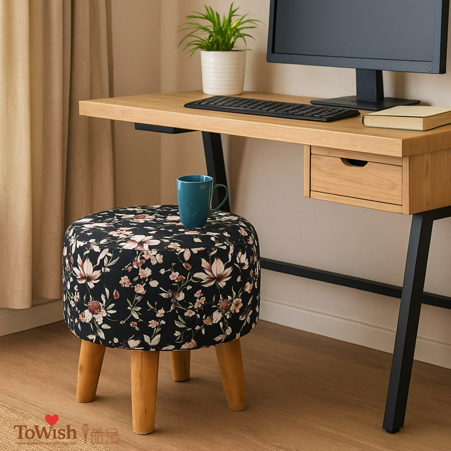 Warli Ottoman Stool - Printed (Height-16" Inch x Diameter-16" Inch), Premium Quality